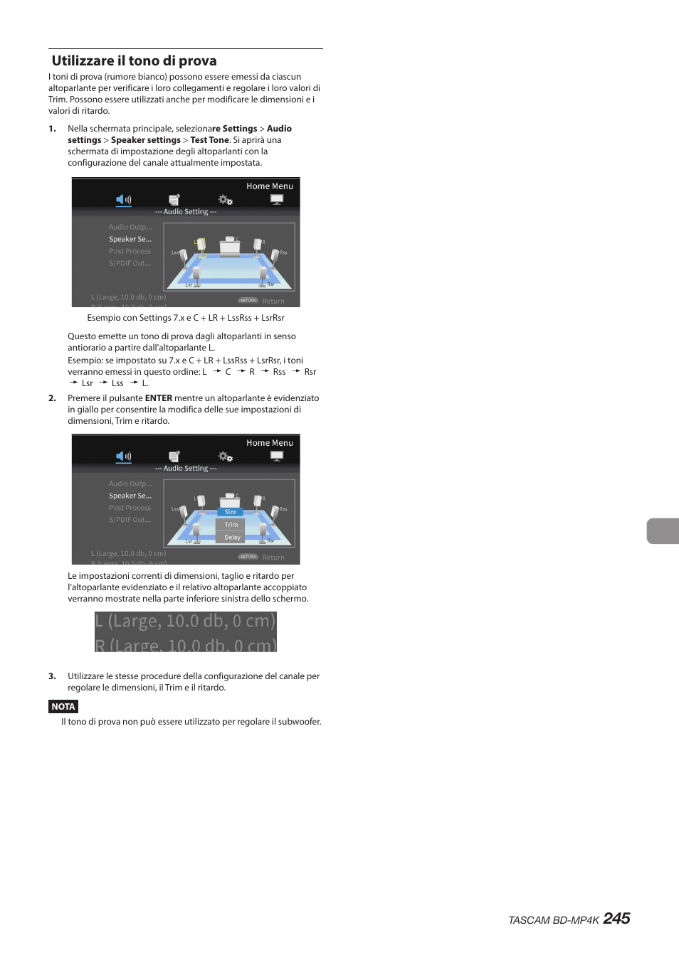 Utilizzare il tono di prova | Tascam BD-MP4K Professional-Grade 4K UHD Blu-ray Player User Manual | Page 245 / 260