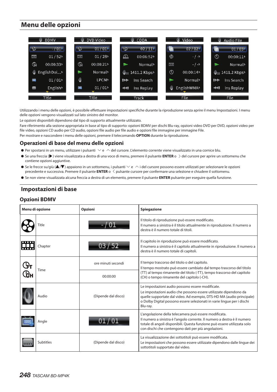 Menu delle opzioni, Impostazioni di base, Operazioni di base del menu delle opzioni | Opzioni bdmv | Tascam BD-MP4K Professional-Grade 4K UHD Blu-ray Player User Manual | Page 248 / 260