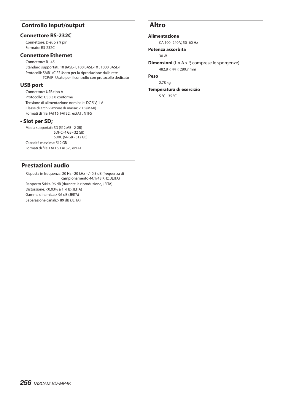 Controllo input/output, Prestazioni audio, Altro | Controllo input/output prestazioni audio | Tascam BD-MP4K Professional-Grade 4K UHD Blu-ray Player User Manual | Page 256 / 260
