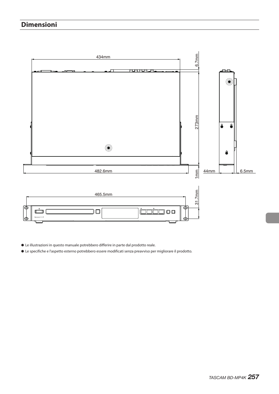 Dimensioni | Tascam BD-MP4K Professional-Grade 4K UHD Blu-ray Player User Manual | Page 257 / 260