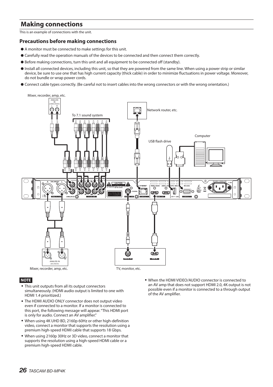 Making connections, Precautions before making connections | Tascam BD-MP4K Professional-Grade 4K UHD Blu-ray Player User Manual | Page 26 / 260