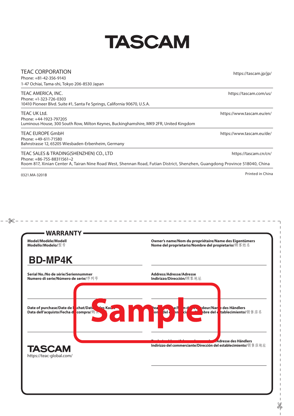 Bd-mp4k, Warranty, Teac corporation | Tascam BD-MP4K Professional-Grade 4K UHD Blu-ray Player User Manual | Page 260 / 260
