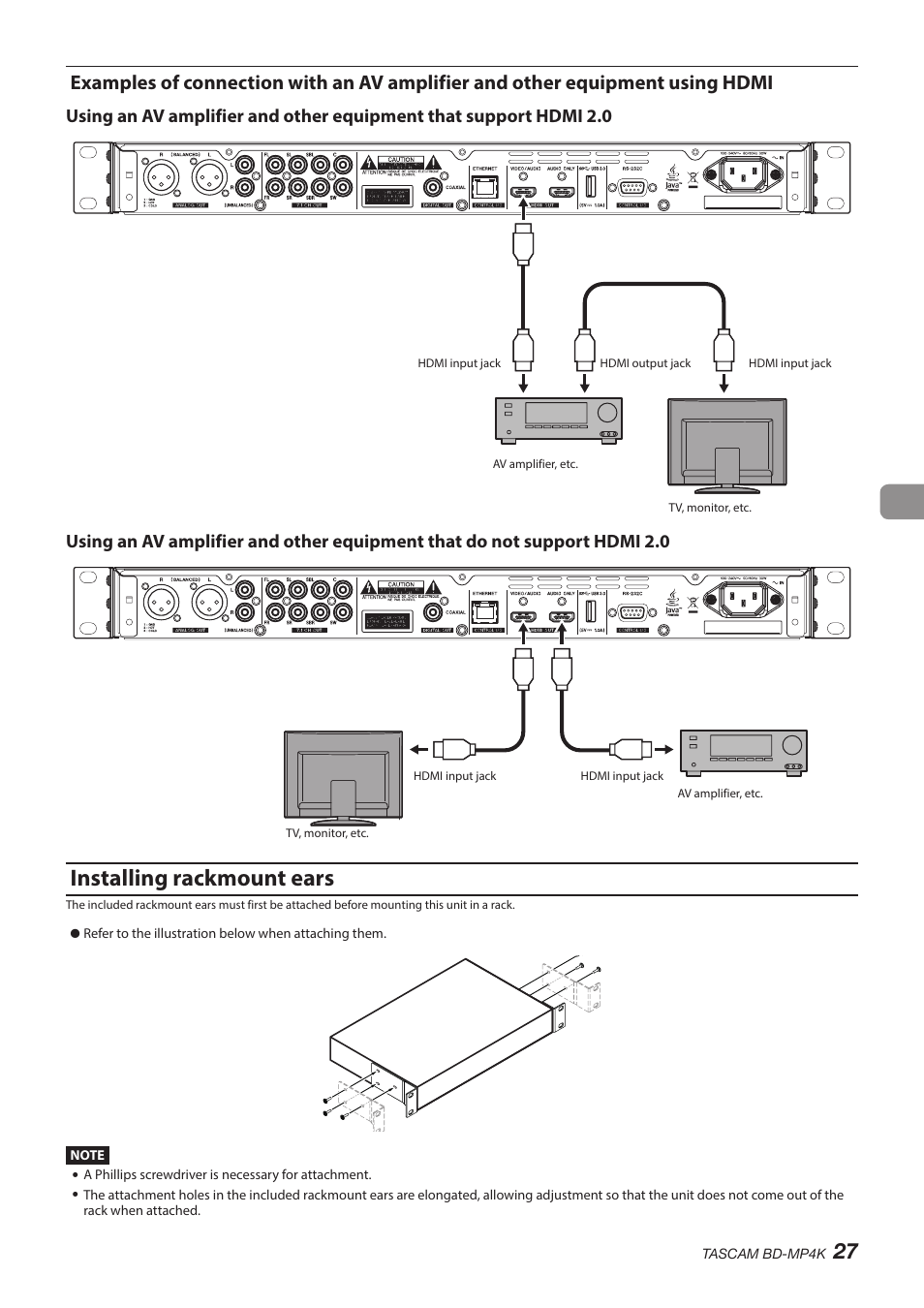 Installing rackmount ears | Tascam BD-MP4K Professional-Grade 4K UHD Blu-ray Player User Manual | Page 27 / 260