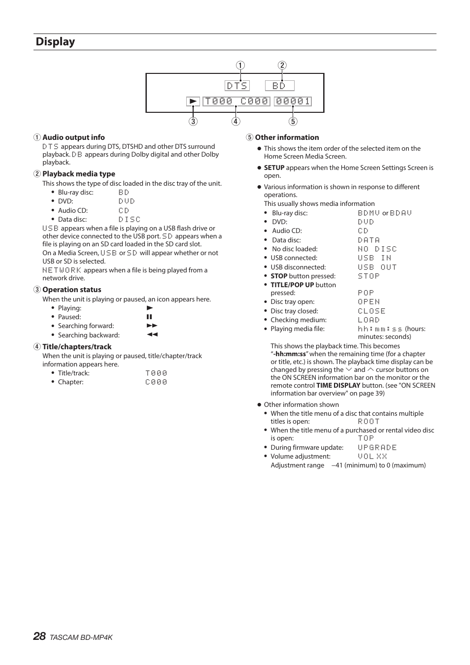 Display | Tascam BD-MP4K Professional-Grade 4K UHD Blu-ray Player User Manual | Page 28 / 260