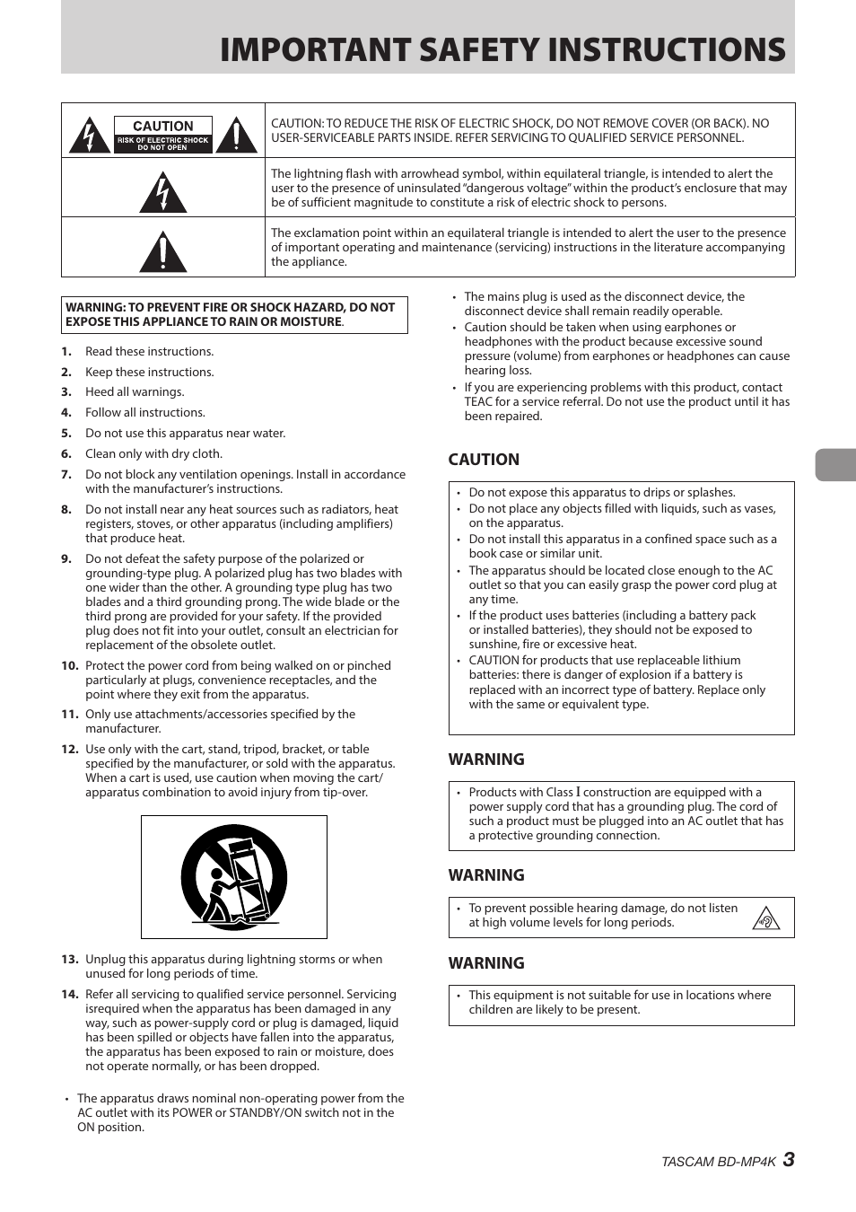 English, Important safety instructions, Caution | Warning | Tascam BD-MP4K Professional-Grade 4K UHD Blu-ray Player User Manual | Page 3 / 260