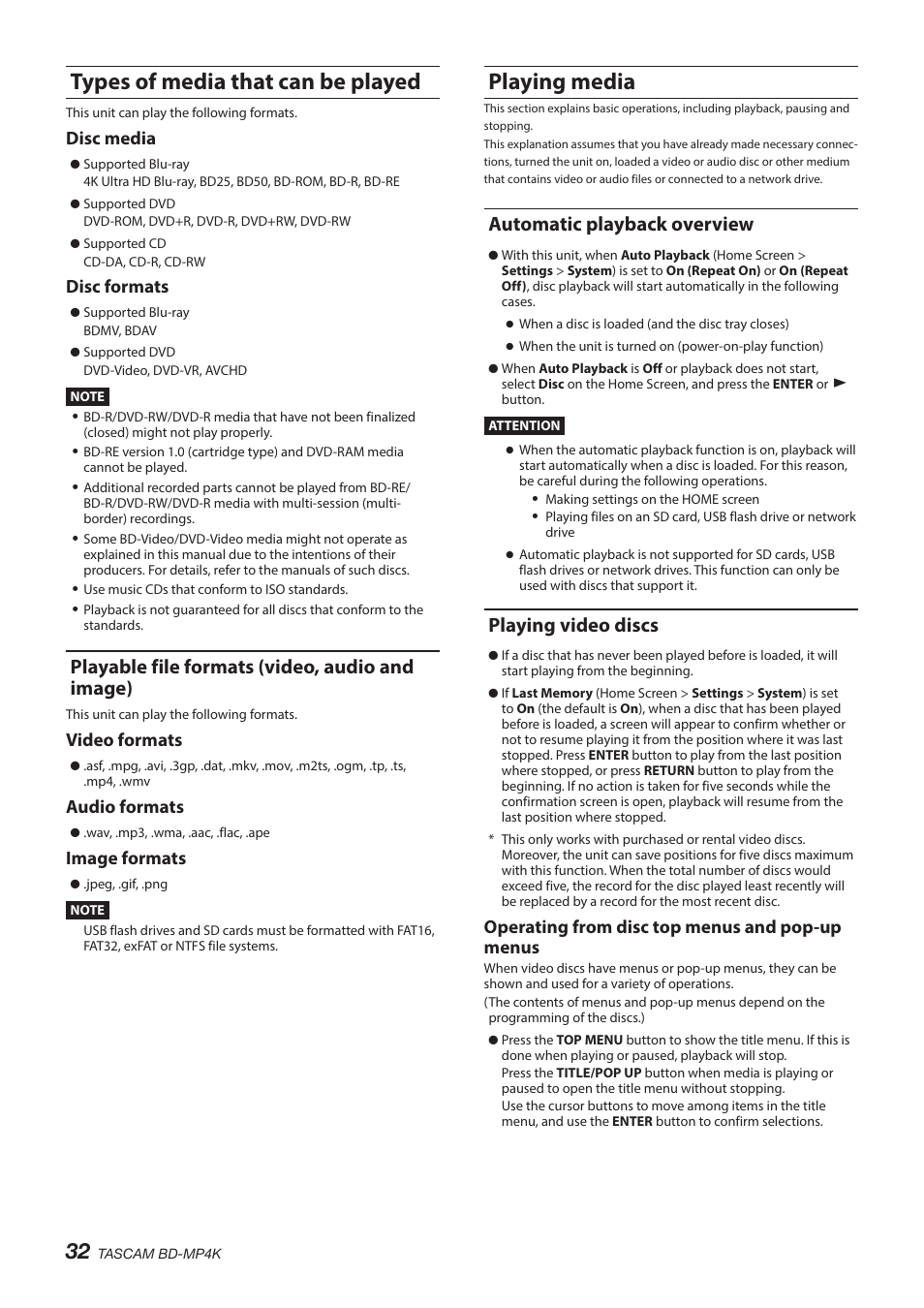 Types of media that can be played, Playable file formats (video, audio and image), Playing media | Automatic playback overview, Playing video discs, Automatic playback overview playing video discs, Disc media, Disc formats, Video formats, Audio formats | Tascam BD-MP4K Professional-Grade 4K UHD Blu-ray Player User Manual | Page 32 / 260