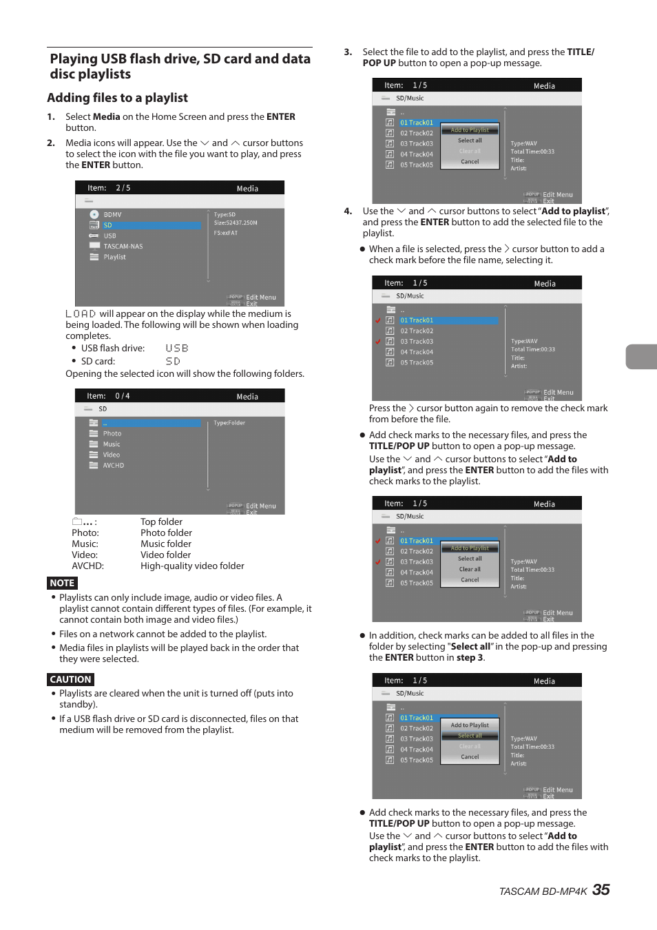 Adding files to a playlist | Tascam BD-MP4K Professional-Grade 4K UHD Blu-ray Player User Manual | Page 35 / 260