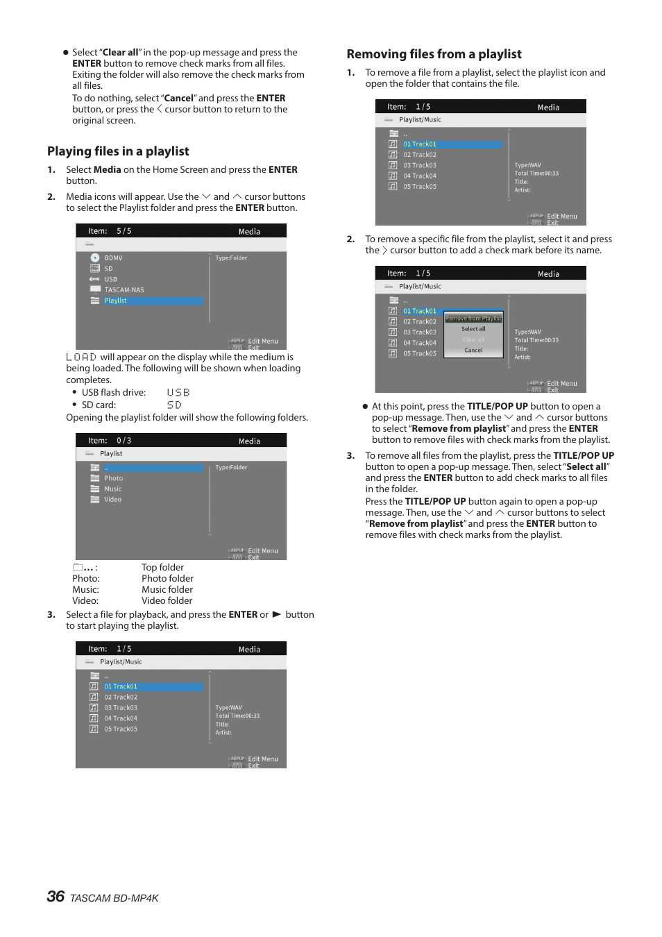 Playing files in a playlist, Removing files from a playlist | Tascam BD-MP4K Professional-Grade 4K UHD Blu-ray Player User Manual | Page 36 / 260