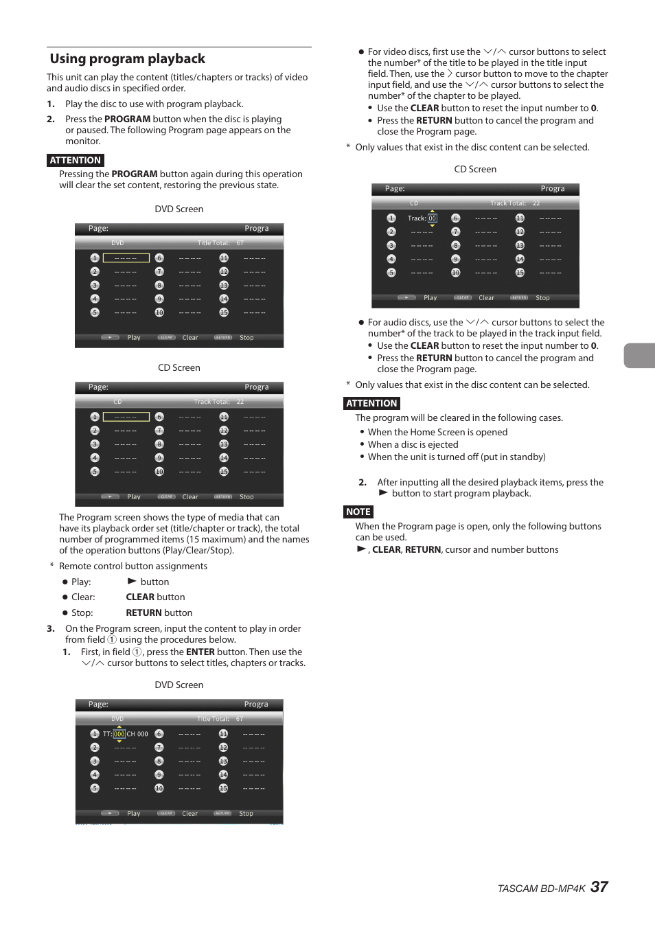 Using program playback | Tascam BD-MP4K Professional-Grade 4K UHD Blu-ray Player User Manual | Page 37 / 260