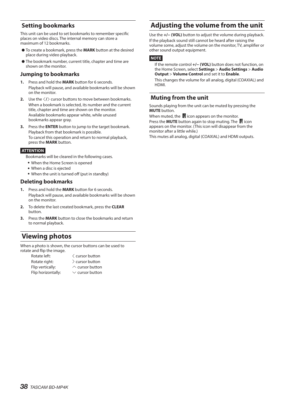 Setting bookmarks, Viewing photos, Adjusting the volume from the unit | Muting from the unit, Viewing photos adjusting the volume from the unit, Jumping to bookmarks, Deleting bookmarks | Tascam BD-MP4K Professional-Grade 4K UHD Blu-ray Player User Manual | Page 38 / 260