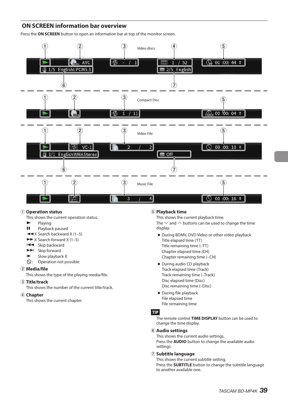 On screen information bar overview | Tascam BD-MP4K Professional-Grade 4K UHD Blu-ray Player User Manual | Page 39 / 260