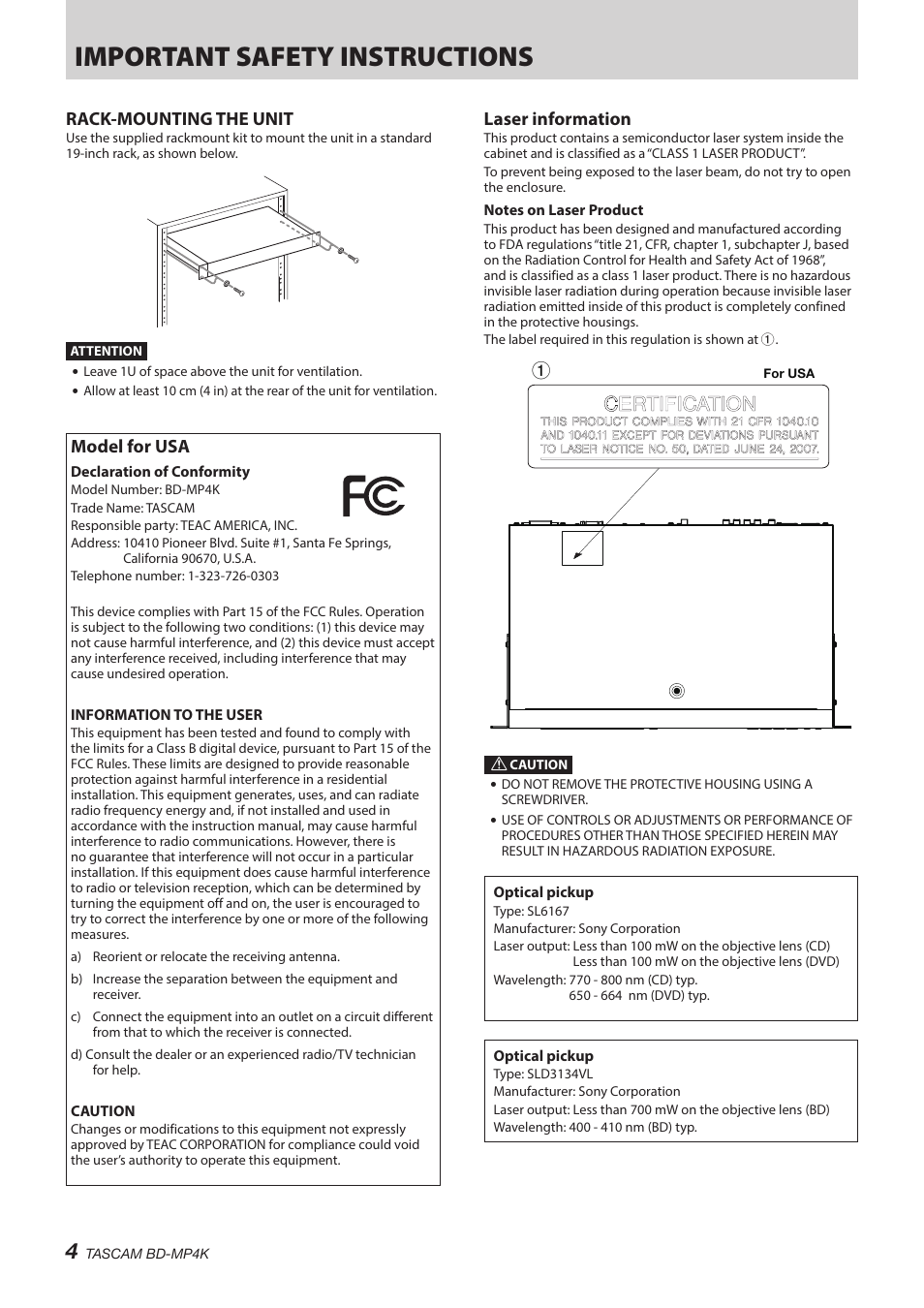 Important safety instructions, Rack-mounting the unit, Model for usa | Laser information | Tascam BD-MP4K Professional-Grade 4K UHD Blu-ray Player User Manual | Page 4 / 260