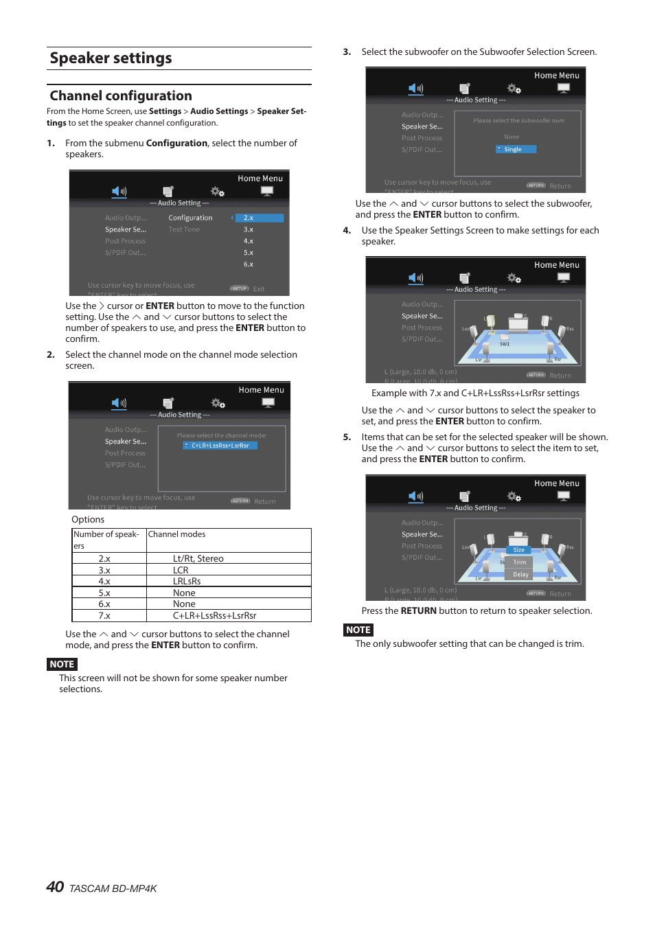 Speaker settings, Channel configuration | Tascam BD-MP4K Professional-Grade 4K UHD Blu-ray Player User Manual | Page 40 / 260