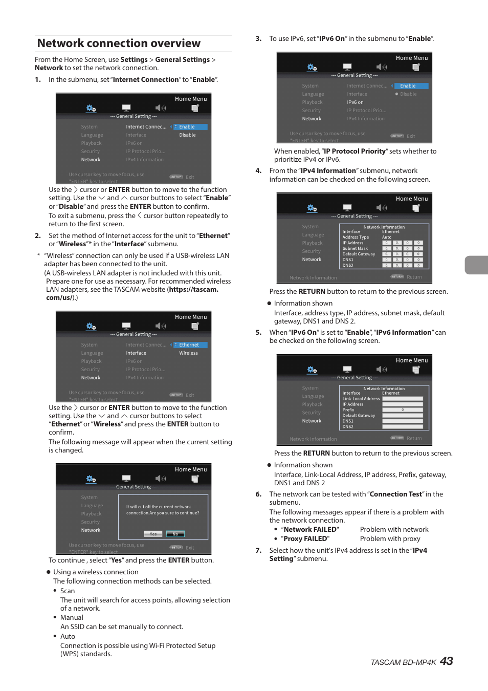 Network connection overview, Ee “network connection | Tascam BD-MP4K Professional-Grade 4K UHD Blu-ray Player User Manual | Page 43 / 260