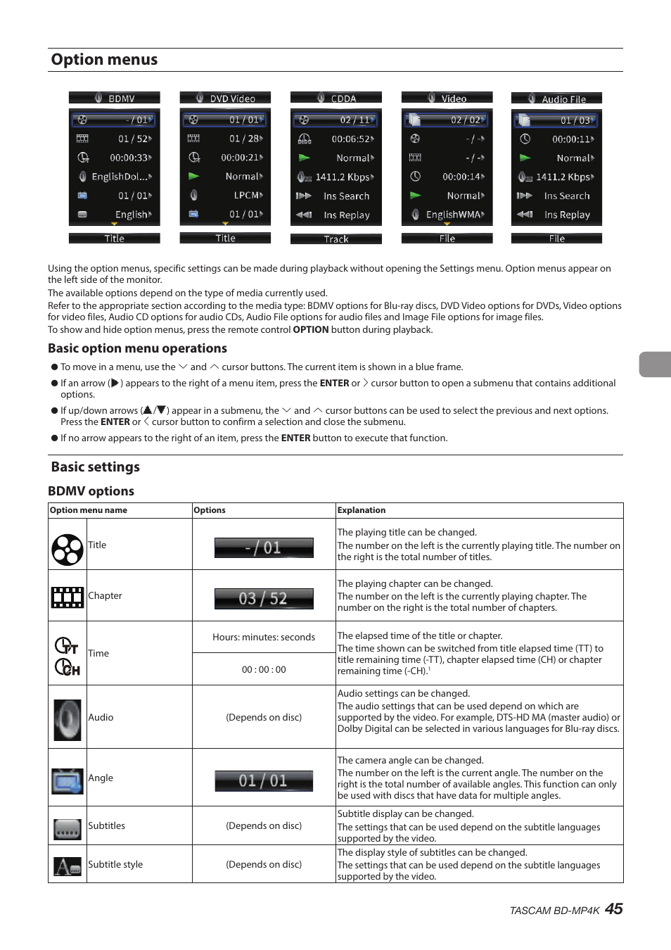 Option menus, Basic settings, Basic option menu operations | Bdmv options | Tascam BD-MP4K Professional-Grade 4K UHD Blu-ray Player User Manual | Page 45 / 260