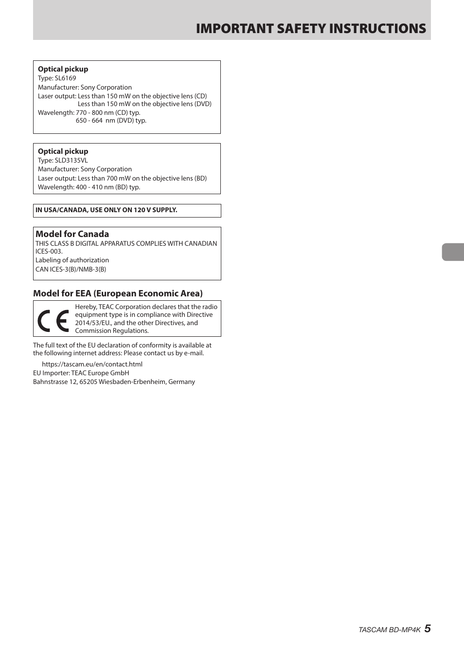Important safety instructions | Tascam BD-MP4K Professional-Grade 4K UHD Blu-ray Player User Manual | Page 5 / 260