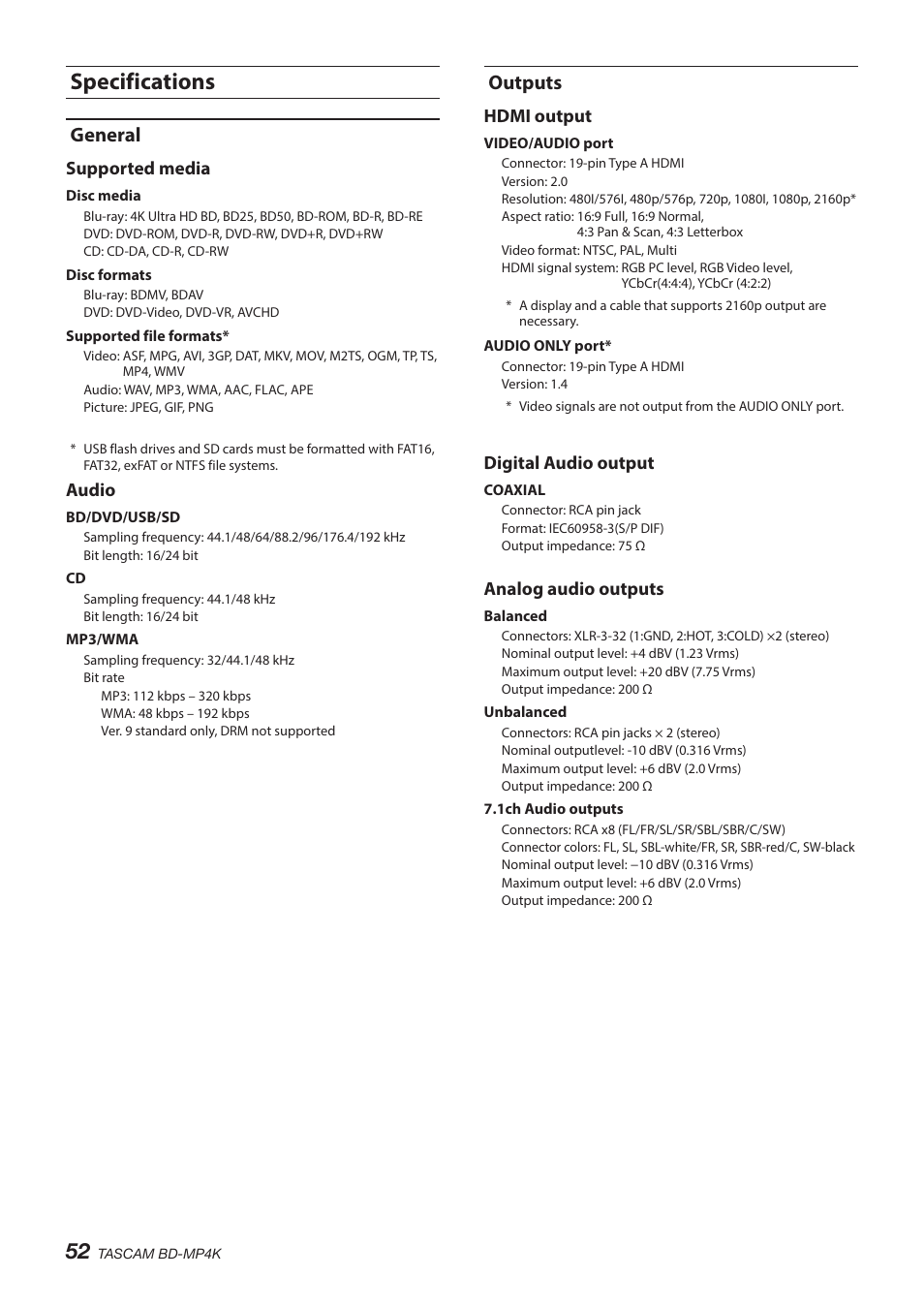 Specifications, General, Outputs | General outputs | Tascam BD-MP4K Professional-Grade 4K UHD Blu-ray Player User Manual | Page 52 / 260