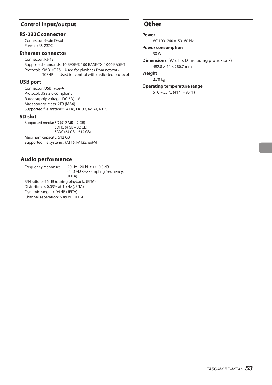 Control input/output, Audio performance, Other | Control input/output audio performance | Tascam BD-MP4K Professional-Grade 4K UHD Blu-ray Player User Manual | Page 53 / 260