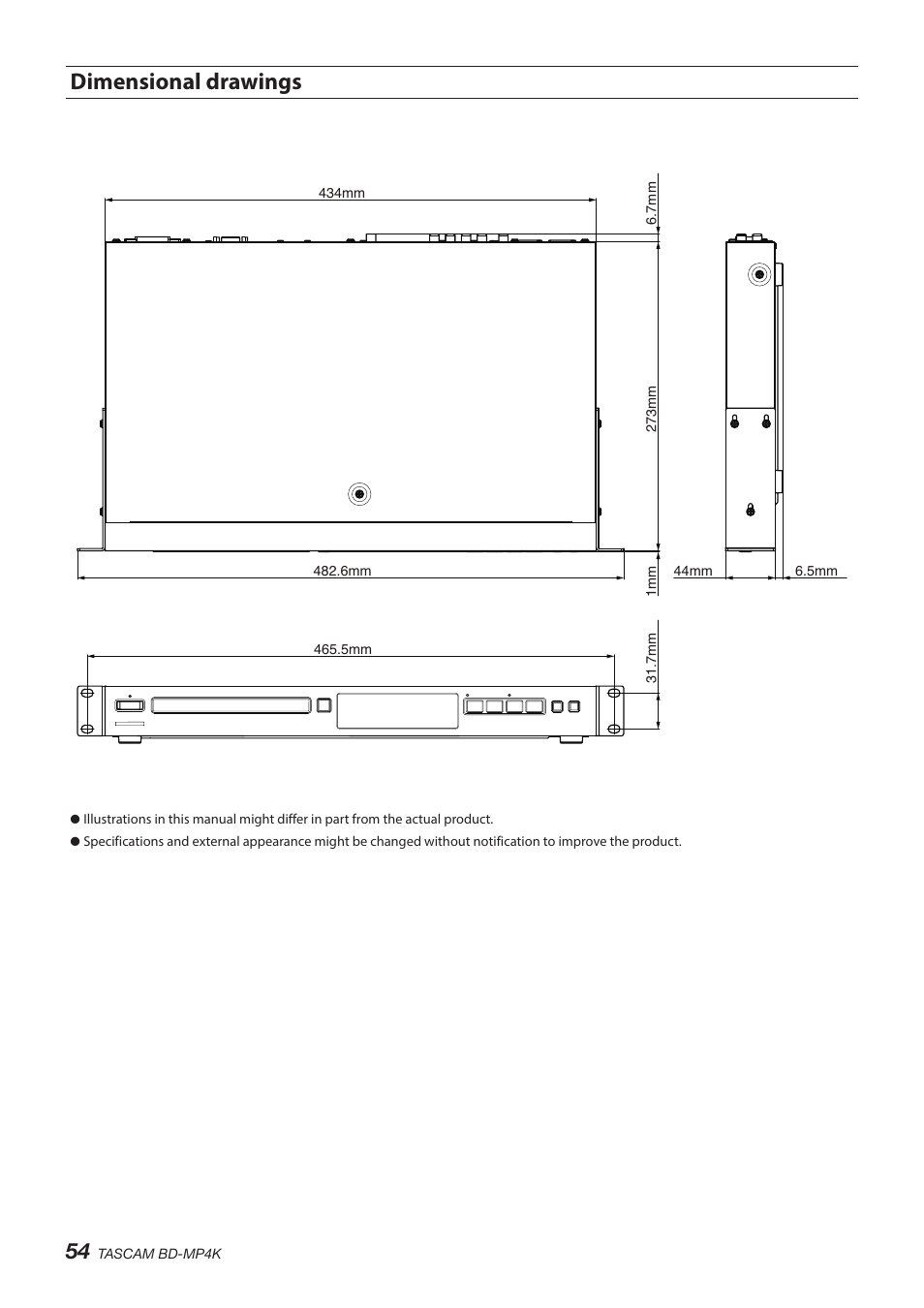 Dimensional drawings | Tascam BD-MP4K Professional-Grade 4K UHD Blu-ray Player User Manual | Page 54 / 260