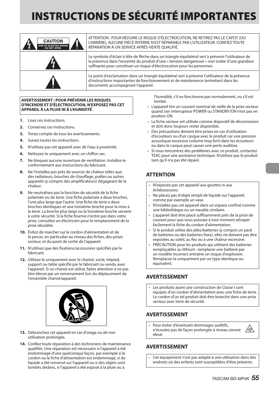 Français, Instructions de sécurité importantes, Attention | Avertissement | Tascam BD-MP4K Professional-Grade 4K UHD Blu-ray Player User Manual | Page 55 / 260