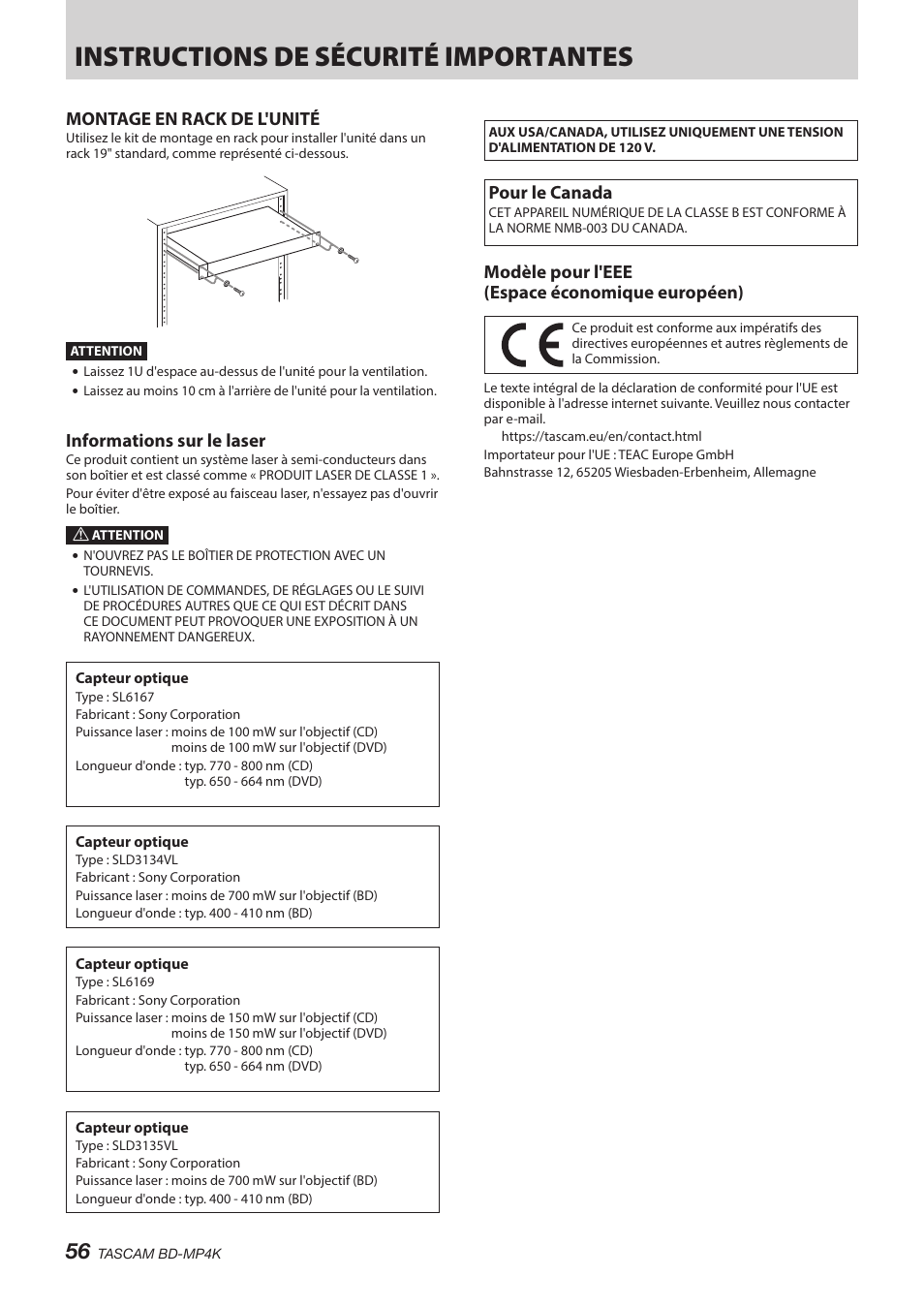 Instructions de sécurité importantes, Montage en rack de l'unité, Informations sur le laser | Pour le canada, Modèle pour l'eee (espace économique européen) | Tascam BD-MP4K Professional-Grade 4K UHD Blu-ray Player User Manual | Page 56 / 260