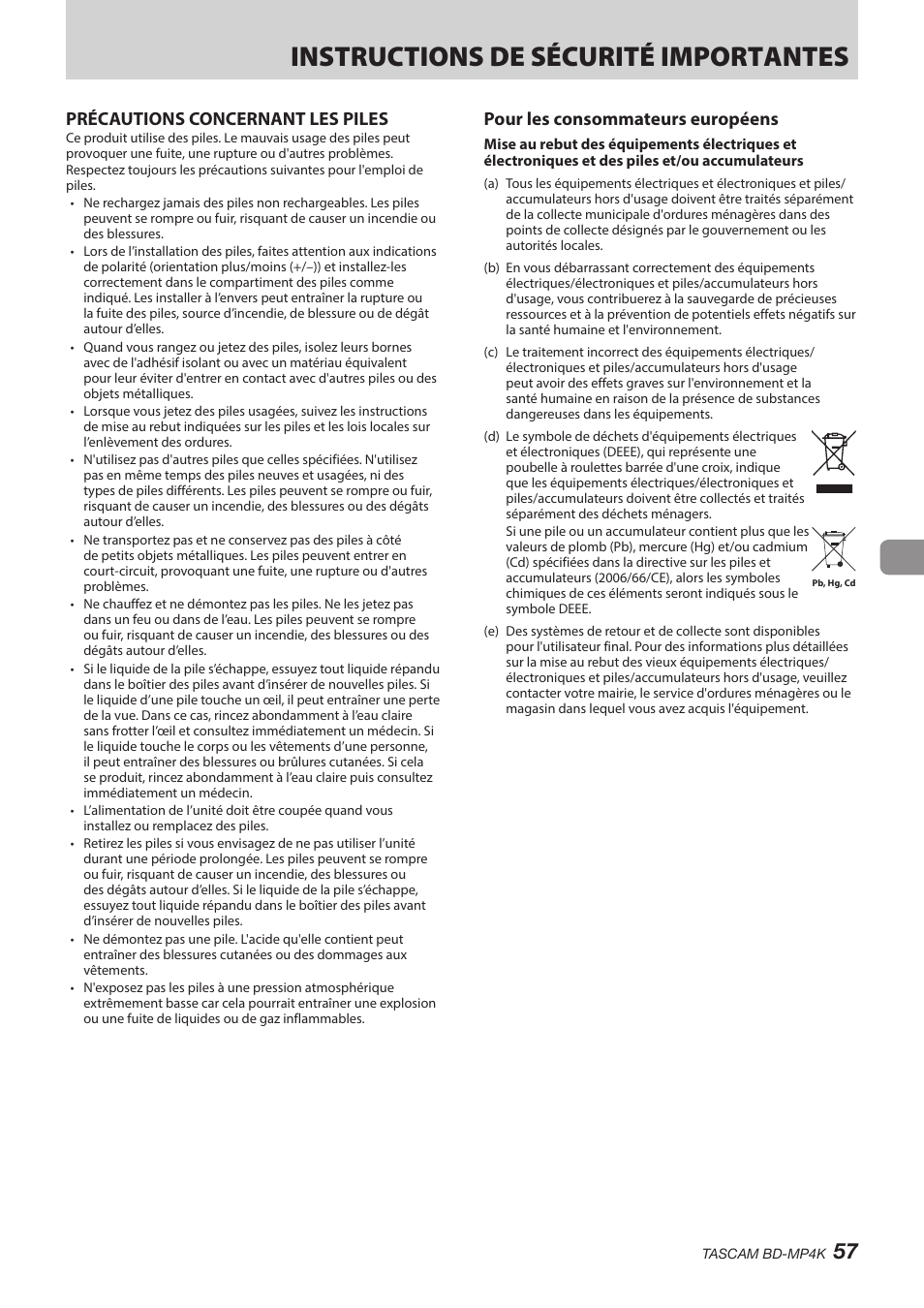 Instructions de sécurité importantes, Précautions concernant les piles, Pour les consommateurs européens | Tascam BD-MP4K Professional-Grade 4K UHD Blu-ray Player User Manual | Page 57 / 260