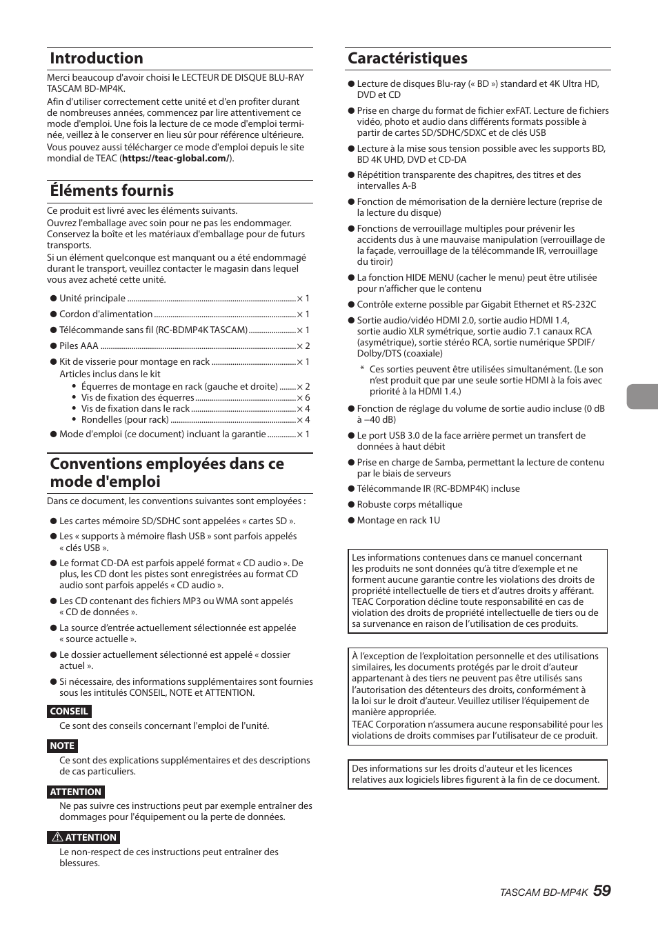 Introduction, Éléments fournis, Conventions employées dans ce mode d'emploi | Caractéristiques | Tascam BD-MP4K Professional-Grade 4K UHD Blu-ray Player User Manual | Page 59 / 260