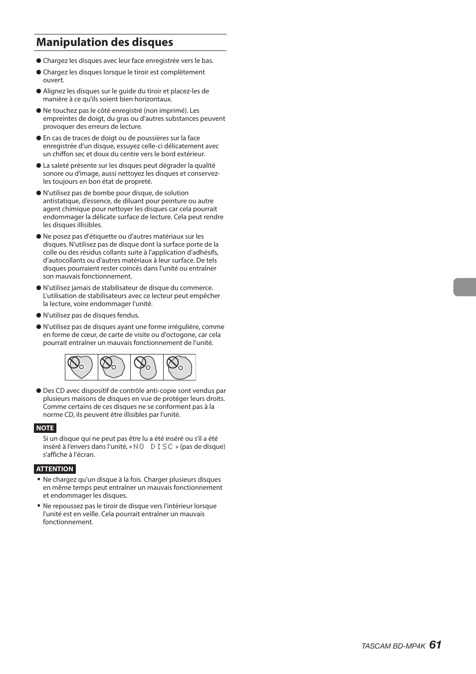 Manipulation des disques | Tascam BD-MP4K Professional-Grade 4K UHD Blu-ray Player User Manual | Page 61 / 260