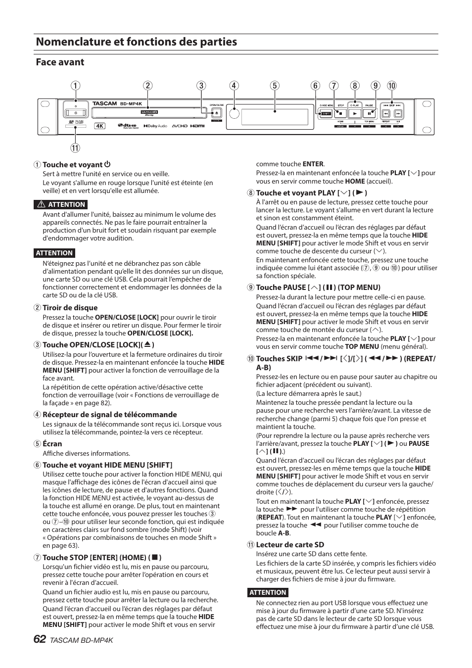Nomenclature et fonctions des parties, Face avant | Tascam BD-MP4K Professional-Grade 4K UHD Blu-ray Player User Manual | Page 62 / 260