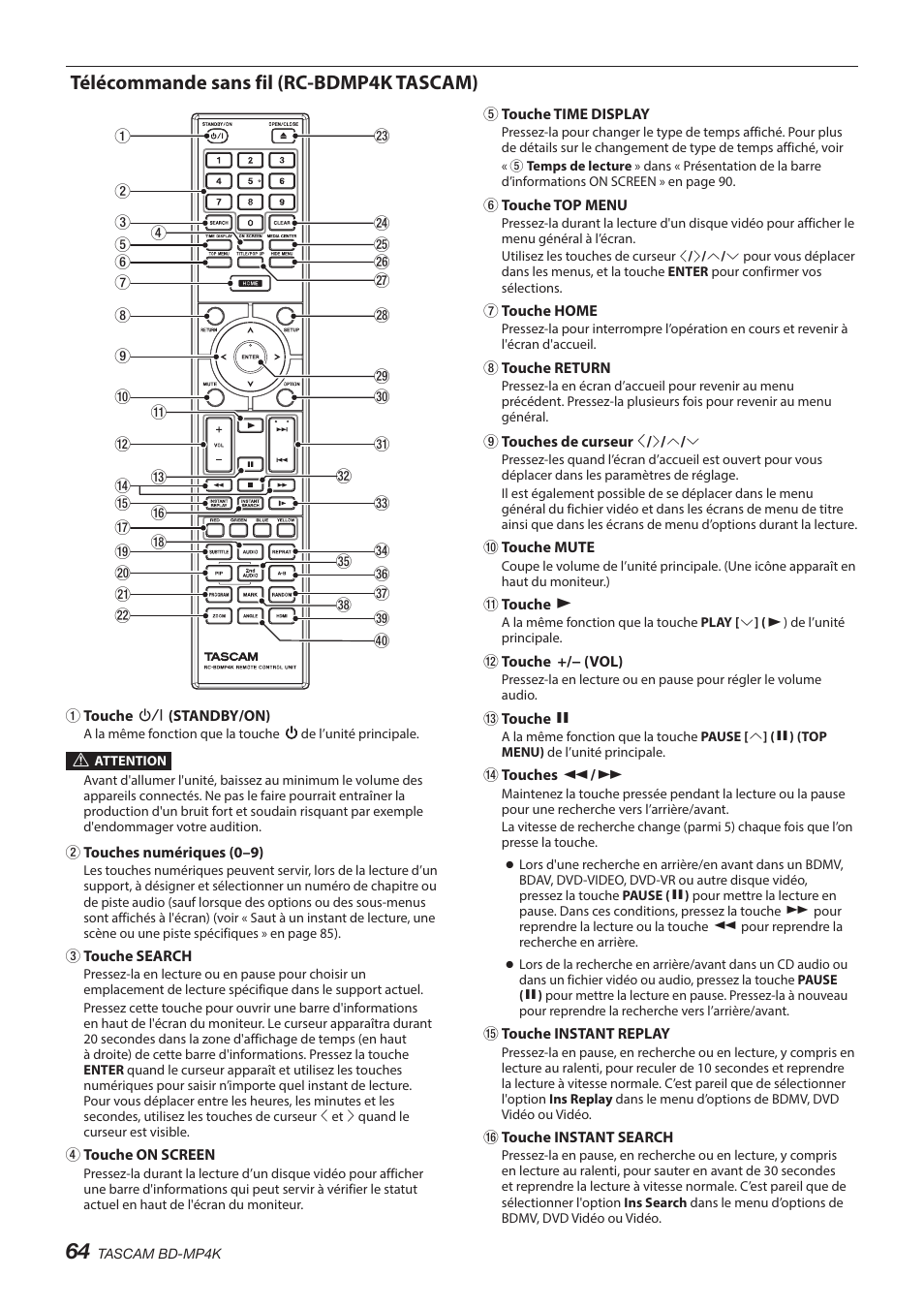 Télécommande sans fil (rc-bdmp4k tascam) | Tascam BD-MP4K Professional-Grade 4K UHD Blu-ray Player User Manual | Page 64 / 260