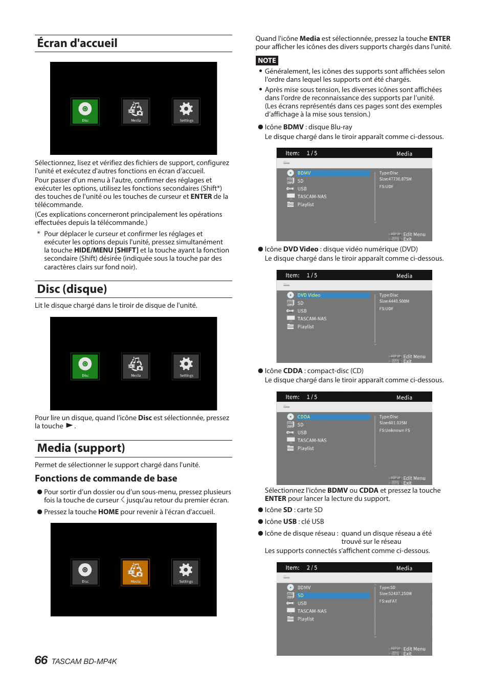 Écran d'accueil, Disc (disque), Media (support) | Écran d'accueil disc (disque) media (support), Fonctions de commande de base | Tascam BD-MP4K Professional-Grade 4K UHD Blu-ray Player User Manual | Page 66 / 260