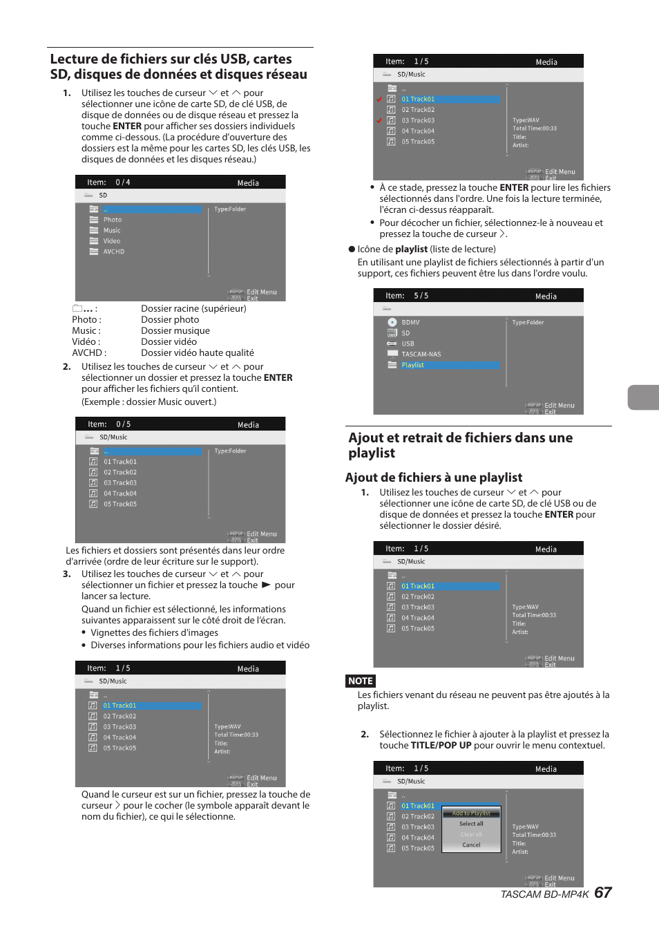 Ajout et retrait de fichiers dans une playlist, Ajout de fichiers à une playlist | Tascam BD-MP4K Professional-Grade 4K UHD Blu-ray Player User Manual | Page 67 / 260