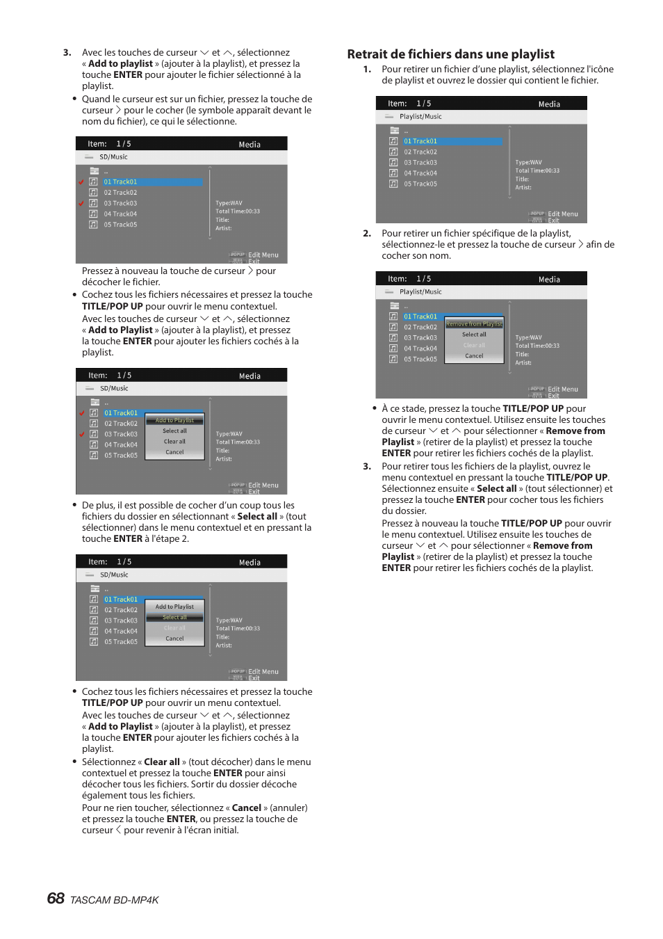 Retrait de fichiers dans une playlist | Tascam BD-MP4K Professional-Grade 4K UHD Blu-ray Player User Manual | Page 68 / 260