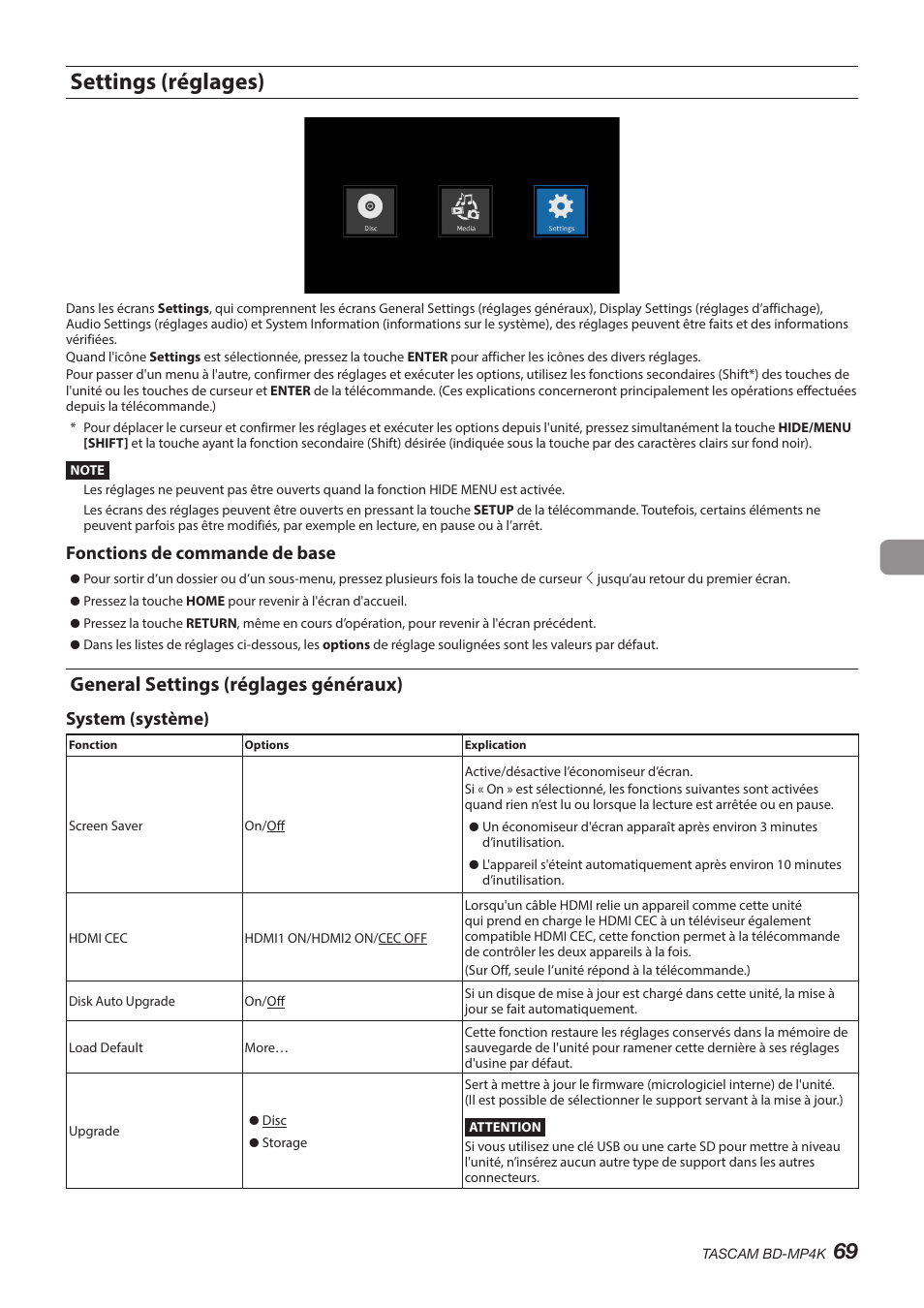 Settings (réglages), General settings (réglages généraux), Fonctions de commande de base | System (système) | Tascam BD-MP4K Professional-Grade 4K UHD Blu-ray Player User Manual | Page 69 / 260