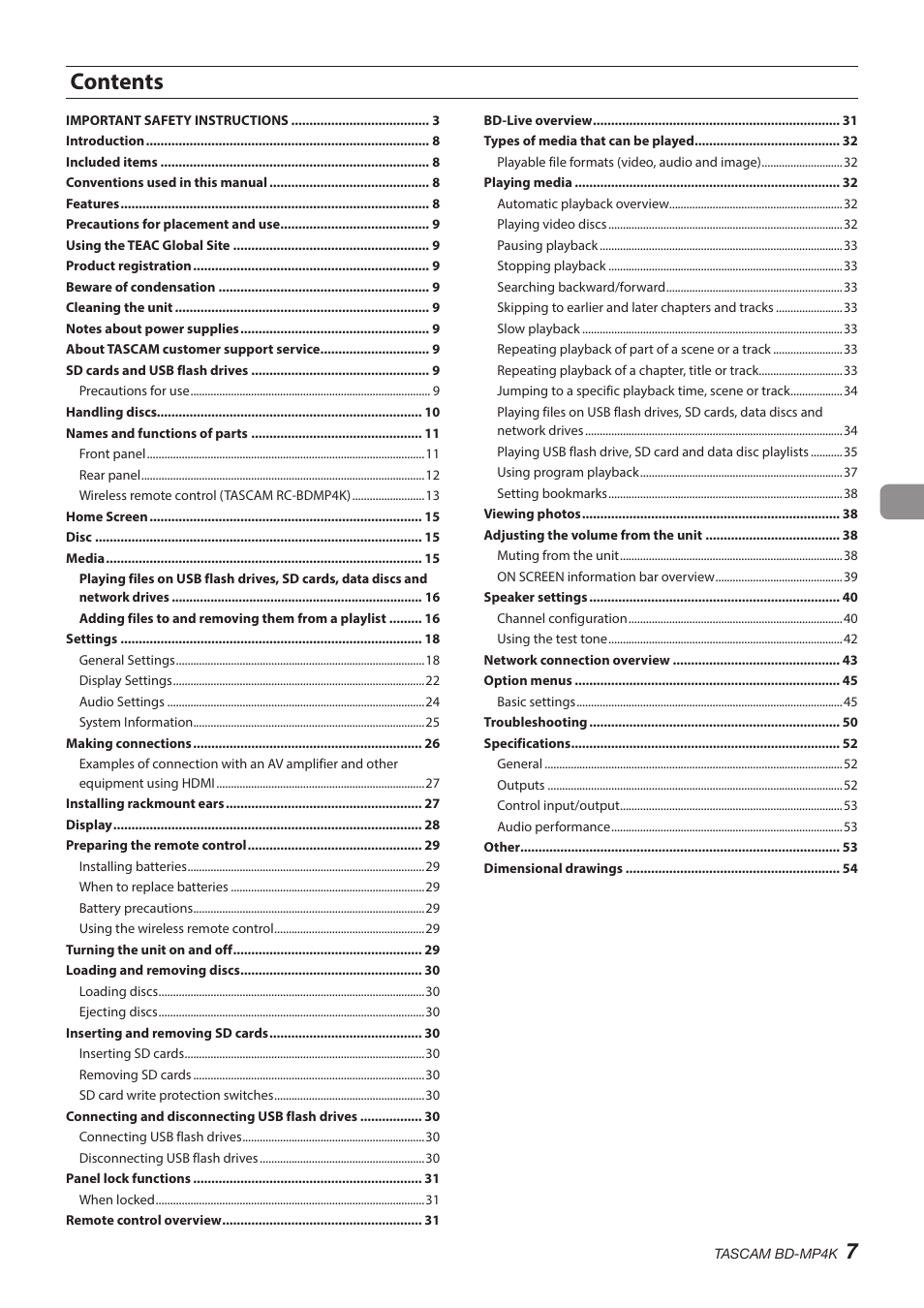 Tascam BD-MP4K Professional-Grade 4K UHD Blu-ray Player User Manual | Page 7 / 260