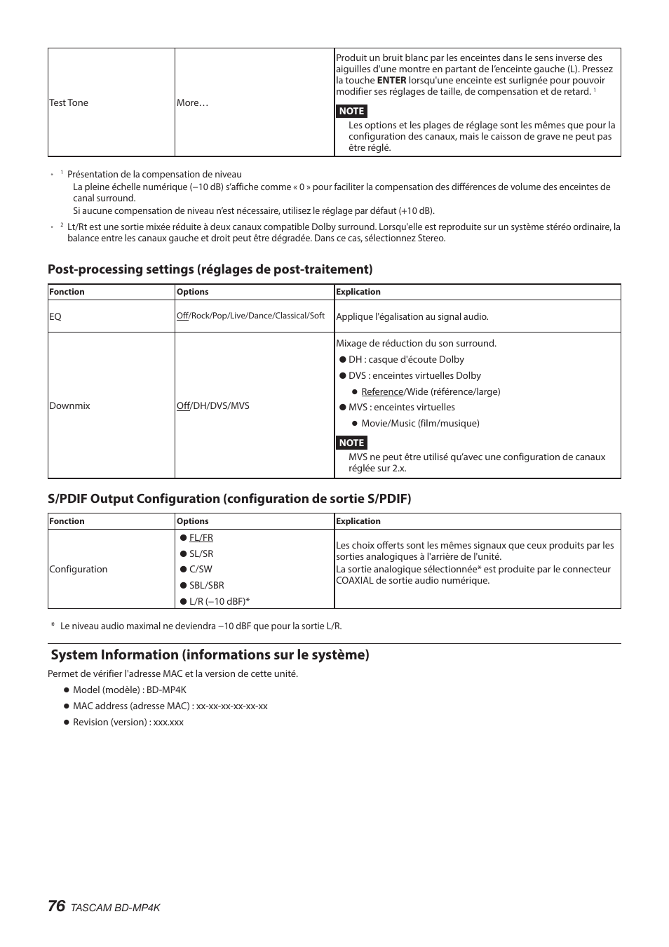 System information (informations sur le système) | Tascam BD-MP4K Professional-Grade 4K UHD Blu-ray Player User Manual | Page 76 / 260