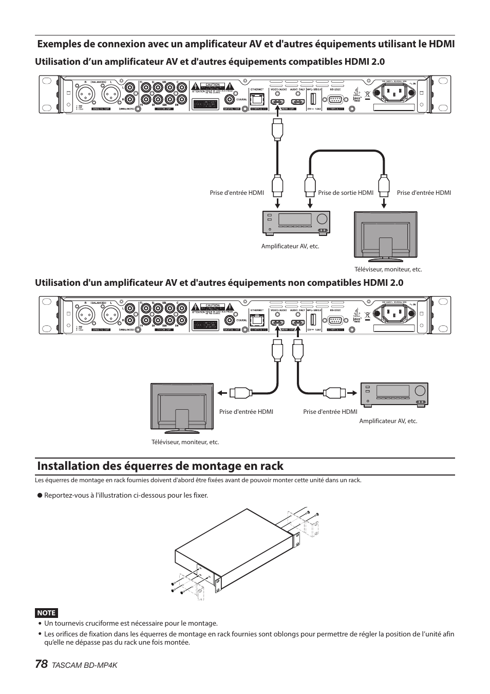 Installation des équerres de montage en rack | Tascam BD-MP4K Professional-Grade 4K UHD Blu-ray Player User Manual | Page 78 / 260