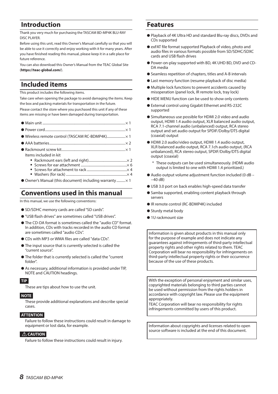 Introduction, Included items, Conventions used in this manual | Features | Tascam BD-MP4K Professional-Grade 4K UHD Blu-ray Player User Manual | Page 8 / 260