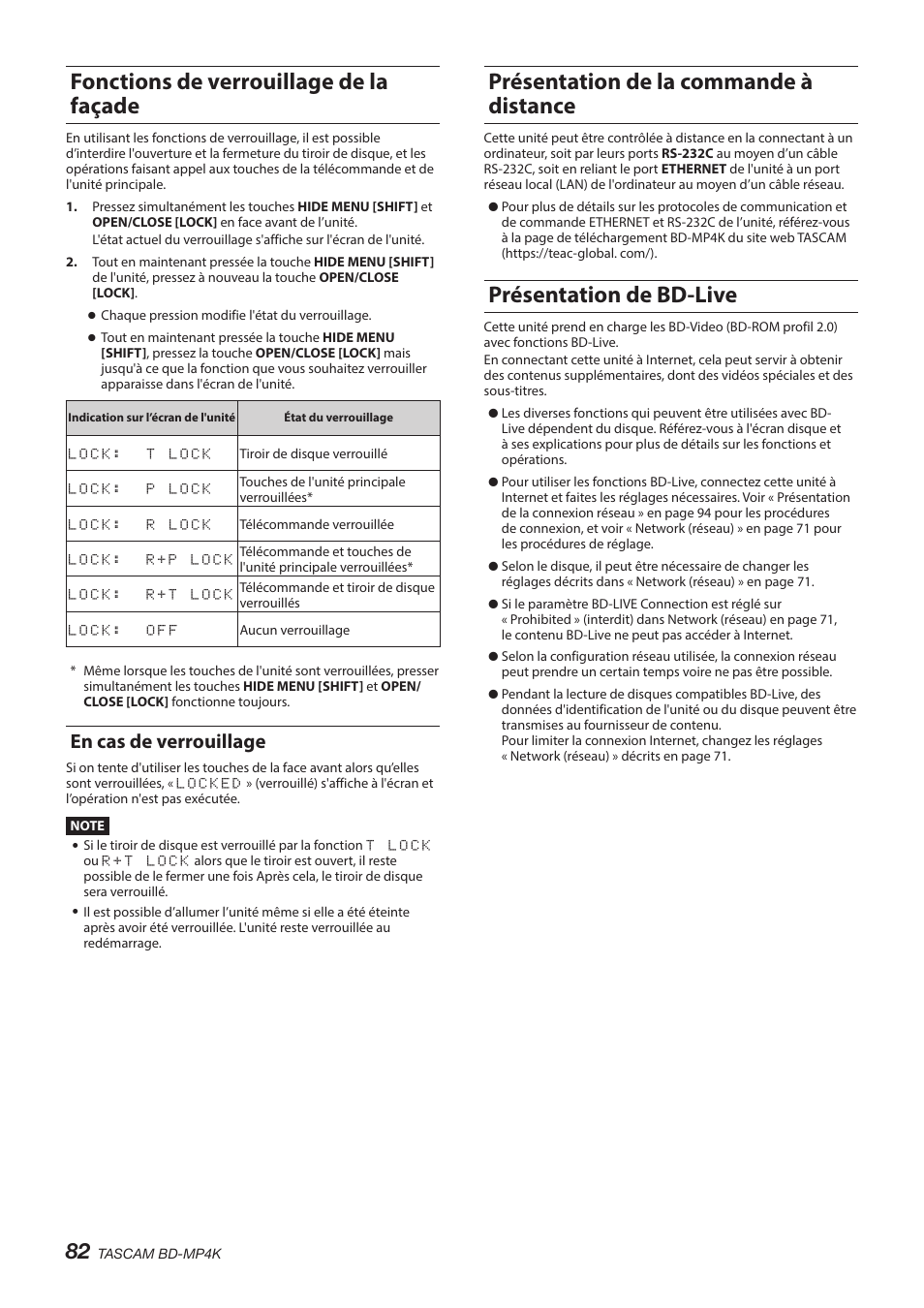 Fonctions de verrouillage de la façade, En cas de verrouillage, Présentation de la commande à distance | Présentation de bd-live, Ouillage (voir « fonctions de verrouillage de | Tascam BD-MP4K Professional-Grade 4K UHD Blu-ray Player User Manual | Page 82 / 260