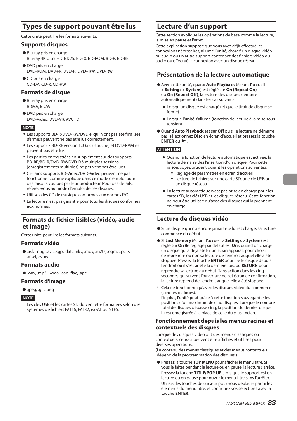Types de support pouvant être lus, Lecture d’un support, Présentation de la lecture automatique | Lecture de disques vidéo, Supports disques, Formats de disque, Formats vidéo, Formats audio, Formats d'image | Tascam BD-MP4K Professional-Grade 4K UHD Blu-ray Player User Manual | Page 83 / 260
