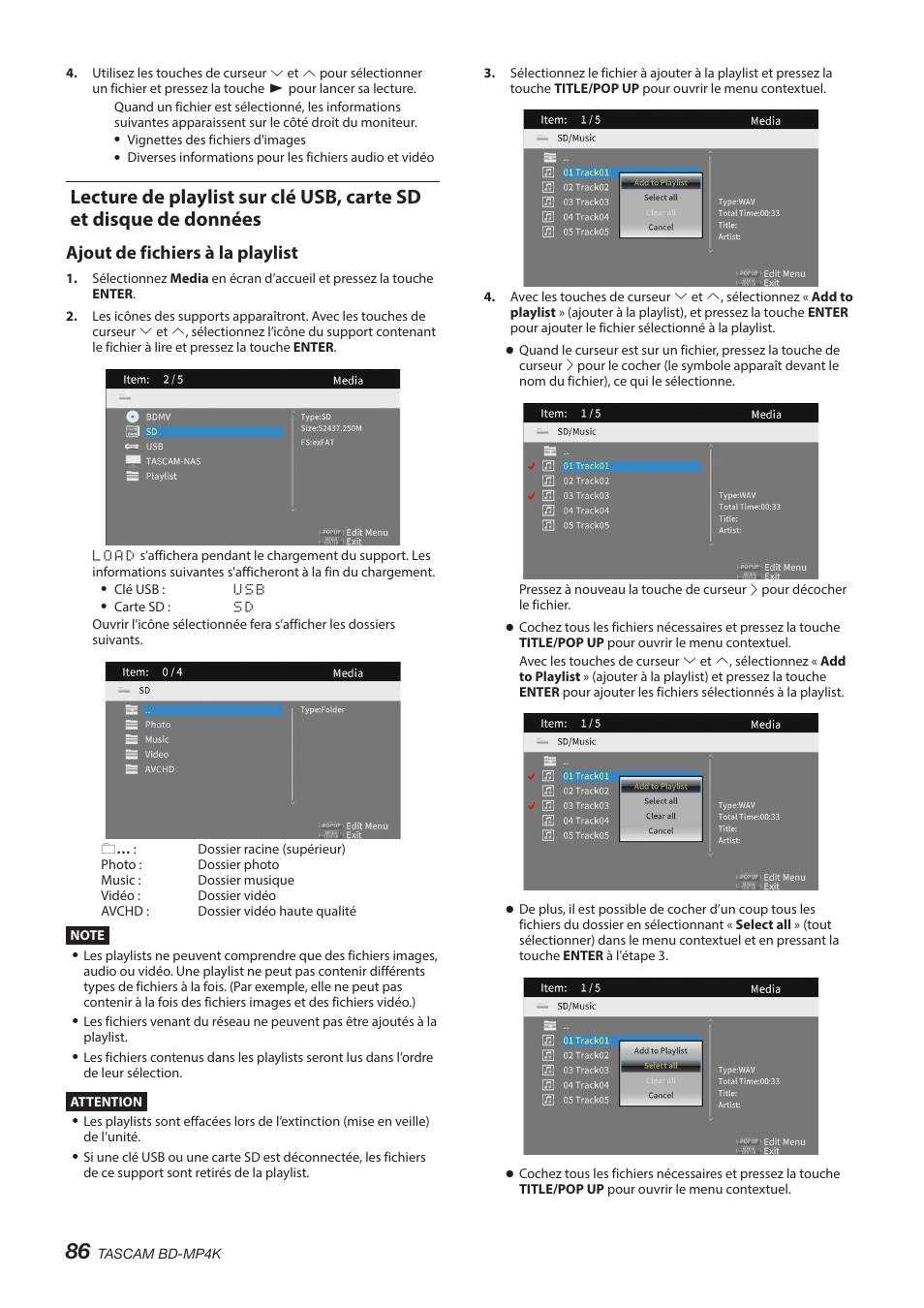Ajout de fichiers à la playlist | Tascam BD-MP4K Professional-Grade 4K UHD Blu-ray Player User Manual | Page 86 / 260