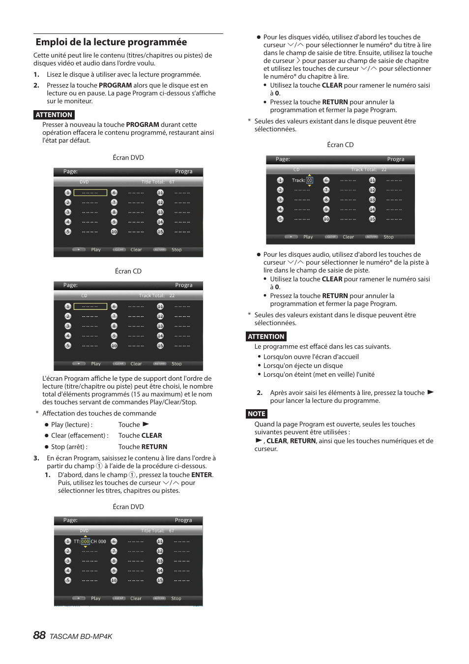 Emploi de la lecture programmée | Tascam BD-MP4K Professional-Grade 4K UHD Blu-ray Player User Manual | Page 88 / 260