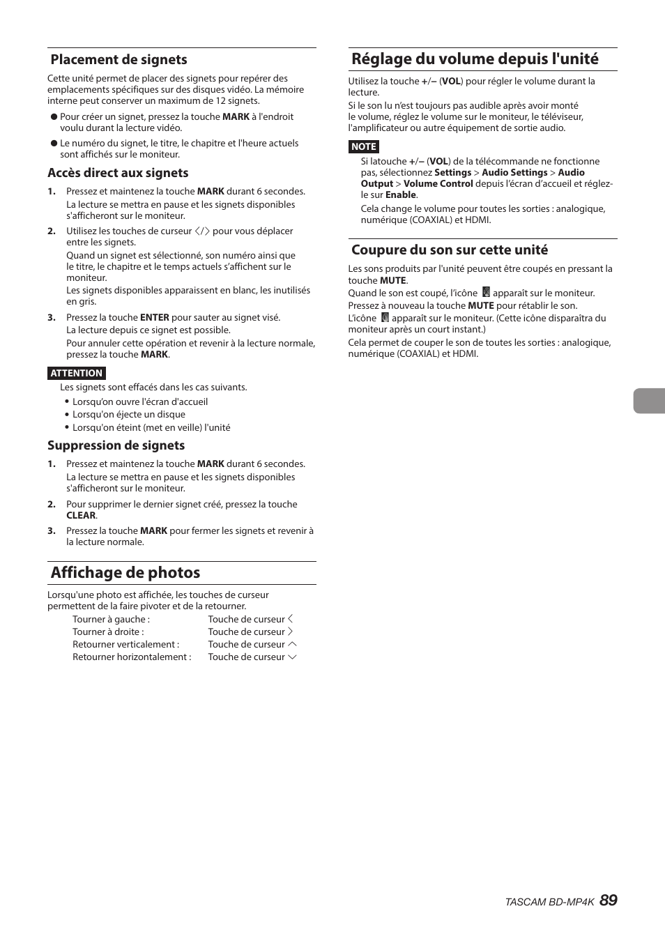 Placement de signets, Affichage de photos, Réglage du volume depuis l'unité | Coupure du son sur cette unité, Accès direct aux signets, Suppression de signets | Tascam BD-MP4K Professional-Grade 4K UHD Blu-ray Player User Manual | Page 89 / 260