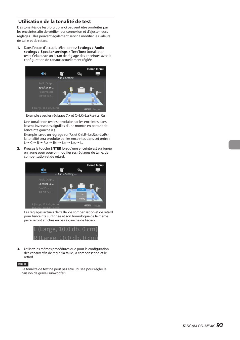 Utilisation de la tonalité de test | Tascam BD-MP4K Professional-Grade 4K UHD Blu-ray Player User Manual | Page 93 / 260
