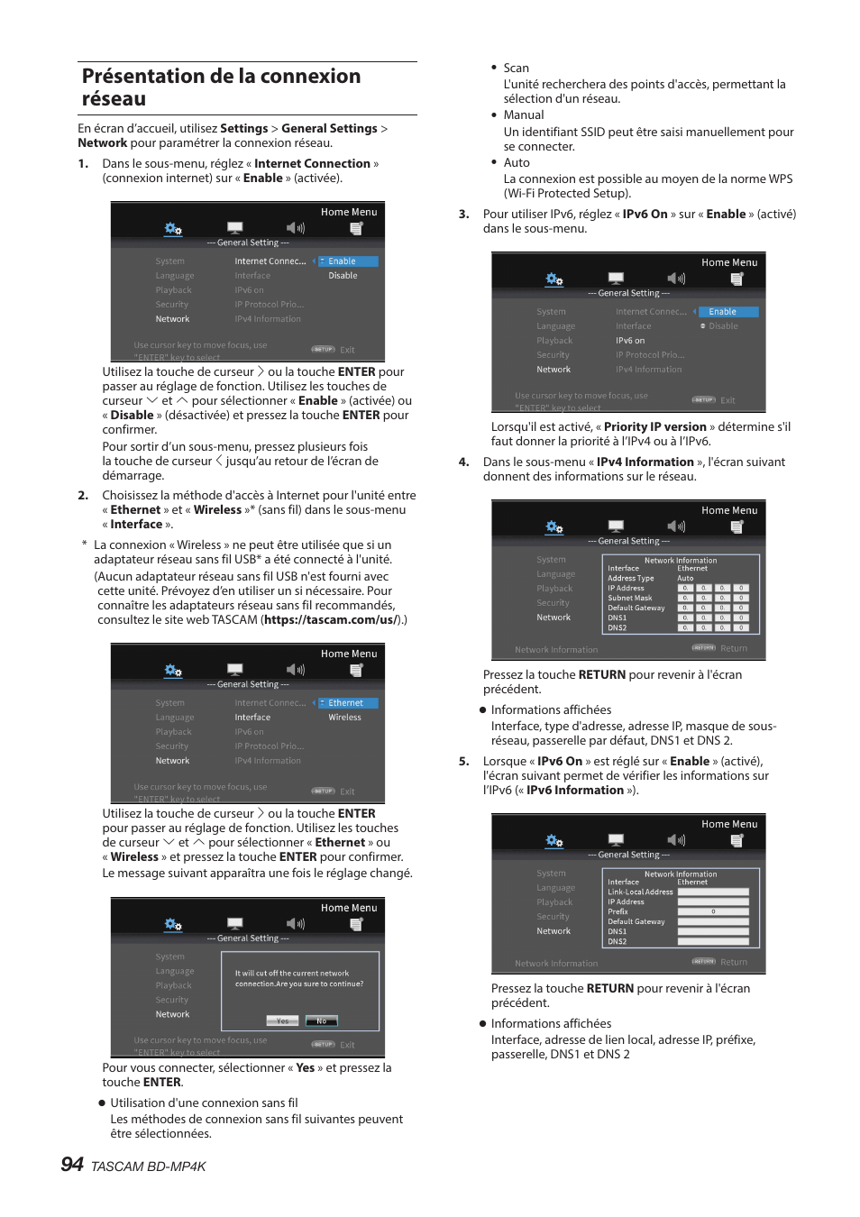 Présentation de la connexion réseau, Oir « présentation | Tascam BD-MP4K Professional-Grade 4K UHD Blu-ray Player User Manual | Page 94 / 260