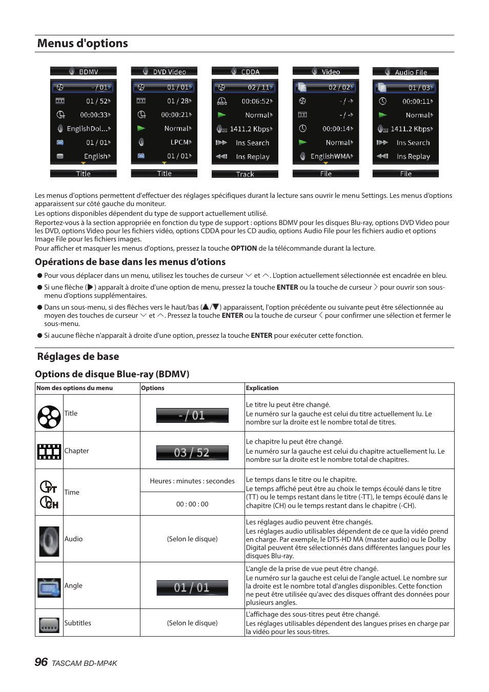 Menus d'options, Réglages de base, Opérations de base dans les menus d’otions | Options de disque blue-ray (bdmv) | Tascam BD-MP4K Professional-Grade 4K UHD Blu-ray Player User Manual | Page 96 / 260