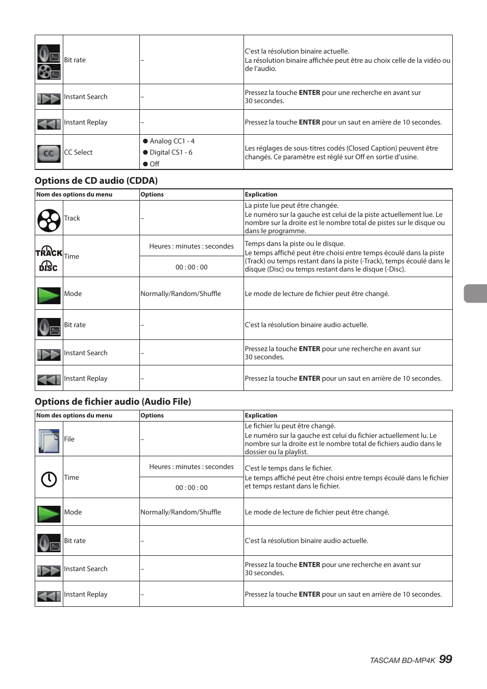 Options de cd audio (cdda), Options de fichier audio (audio file) | Tascam BD-MP4K Professional-Grade 4K UHD Blu-ray Player User Manual | Page 99 / 260