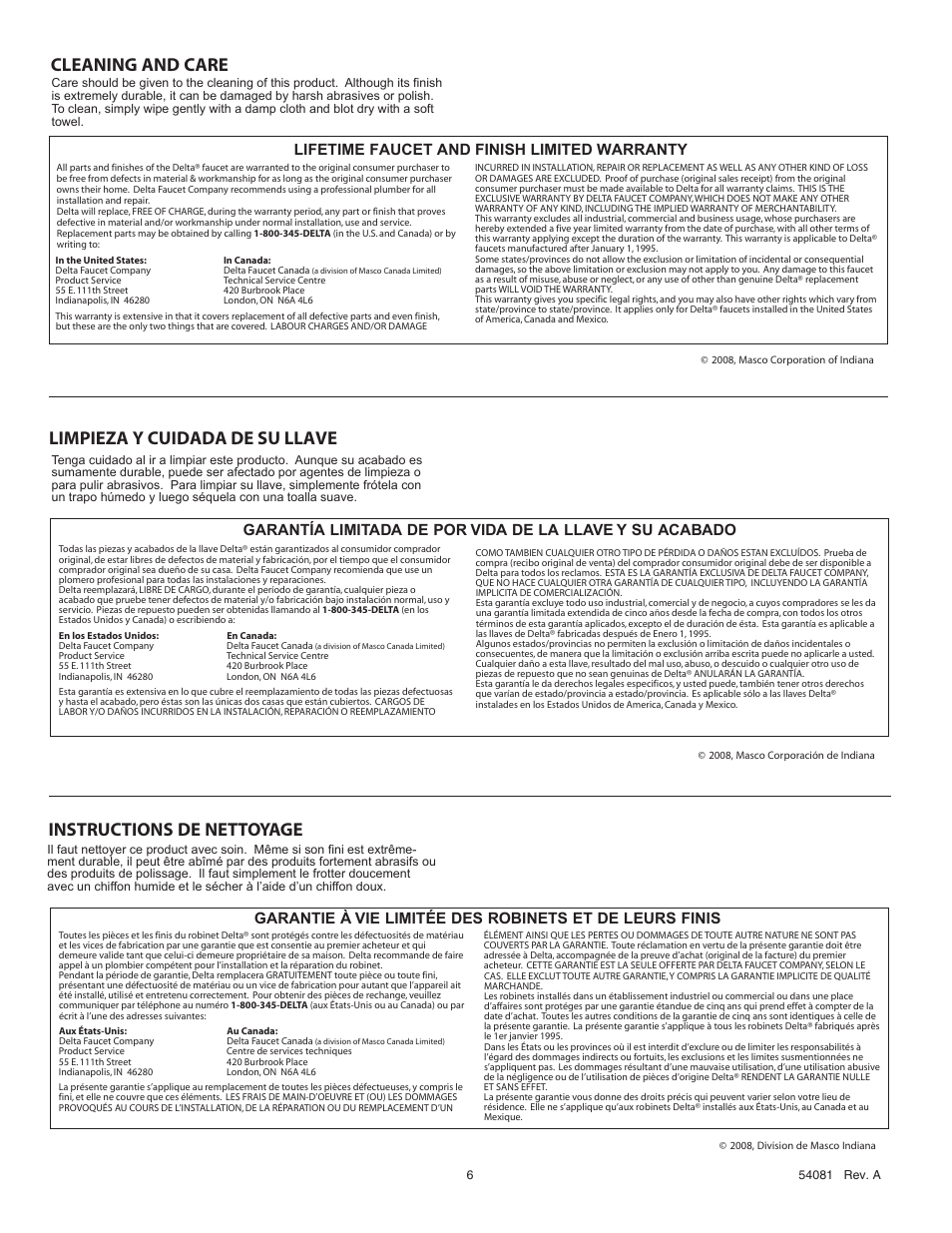 Cleaning and care, Instructions de nettoyage, Limpieza y cuidada de su llave | Lifetime faucet and finish limited warranty | Delta 3585 Series User Manual | Page 6 / 6