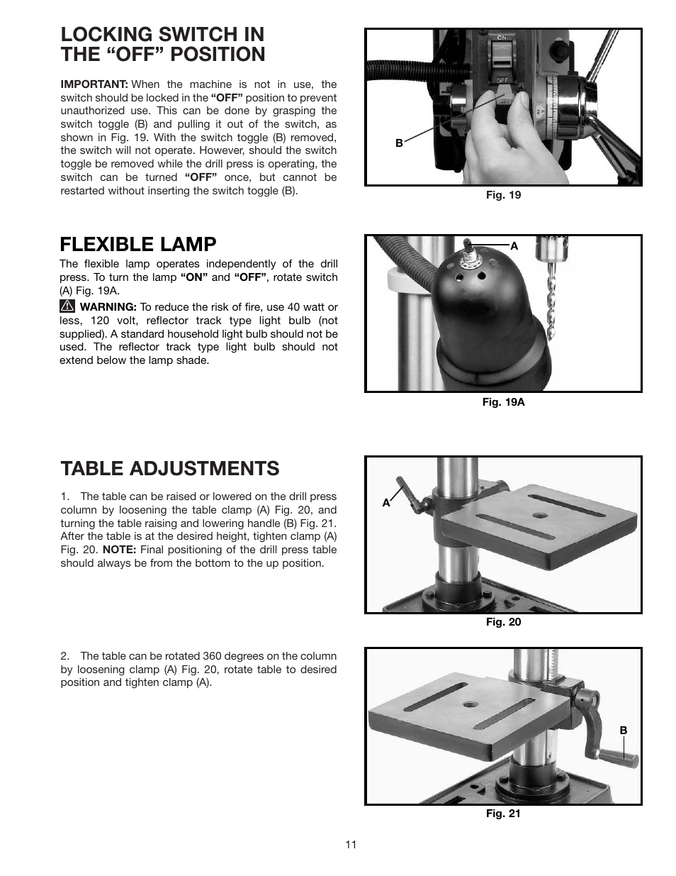 Locking switch in the “off” position, Table adjustments, Flexible lamp | Delta DP200 User Manual | Page 11 / 16