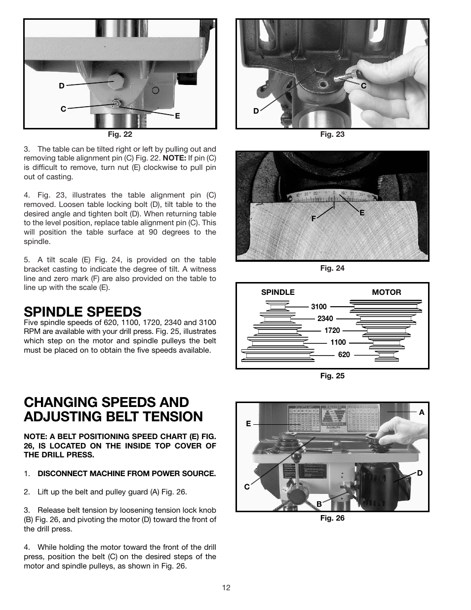 Spindle speeds, Changing speeds and adjusting belt tension | Delta DP200 User Manual | Page 12 / 16